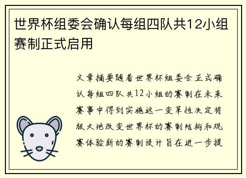 世界杯组委会确认每组四队共12小组赛制正式启用