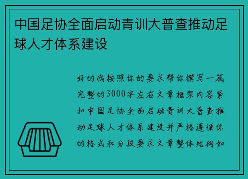 中国足协全面启动青训大普查推动足球人才体系建设 中国足协全面启动青训大普查推动足球人才体系建设